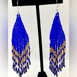 Cobalt Blue and Gold Seed Bead Dangle Earrings with 925 Ear Hooks